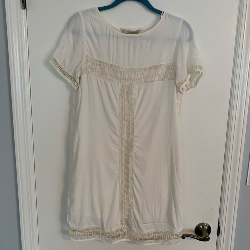 Zara Basics White and Cream Short Sleeved Dress